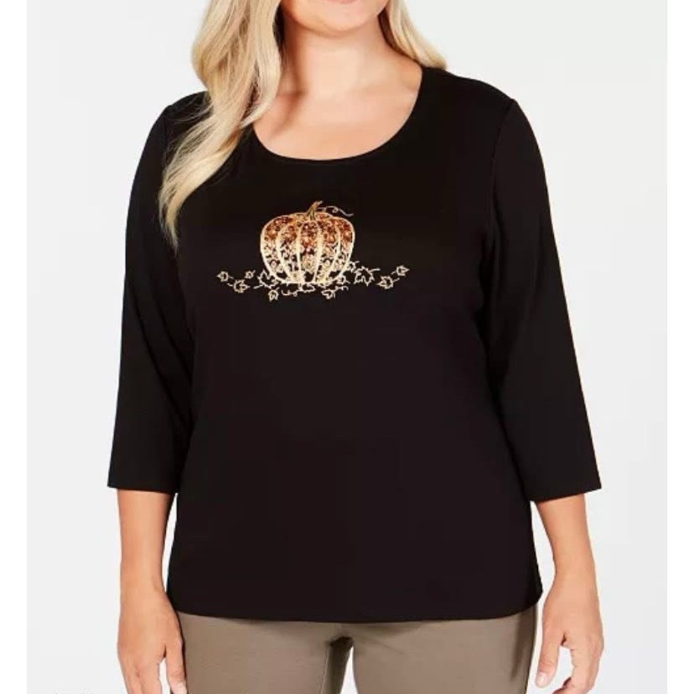 Karen Scott Black Scoop-Neck Long Sleeve Top with Gold Pumpkin Motif